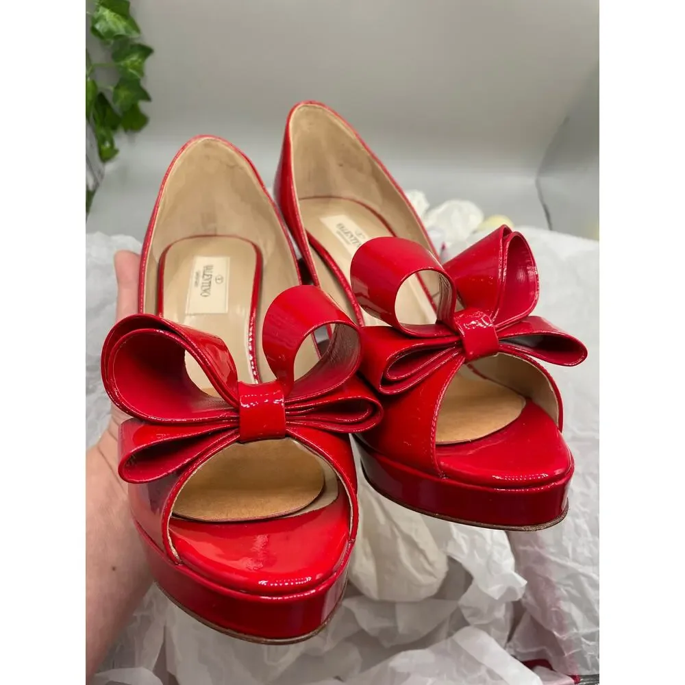 Valentino‎ Garavani Couture Open Toe Bow Red Patton Leather Womans Pump Heels 39